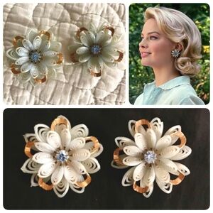 Large vintage light blue & gold flower clip on earrings, 60s